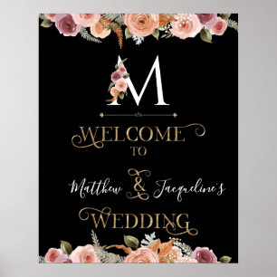 Monogram Gold Floral Blush Black Welcome Wedding Poster