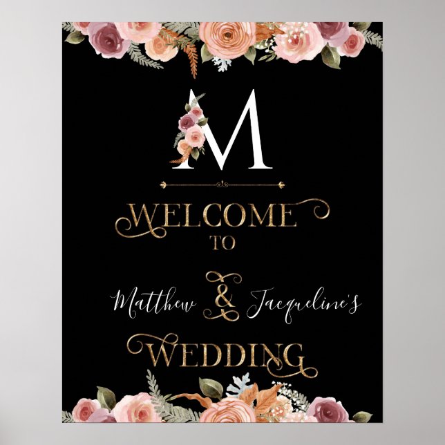 Monogram Gold Floral Blush Black Welcome Wedding Poster (Front)