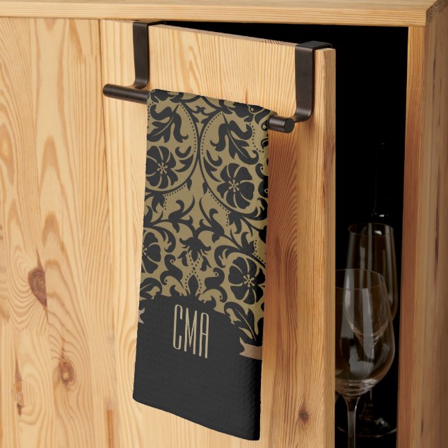 Monogram  Gold & Floral Damask Pattern Tea Towel (Thirds Fold)
