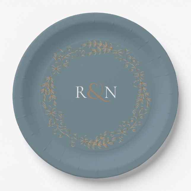 Monogram Gold Floral Laurel Garland Paper Plate (Front)