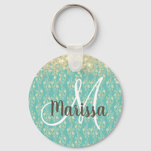 Monogram Gold Floral on Green Key Ring