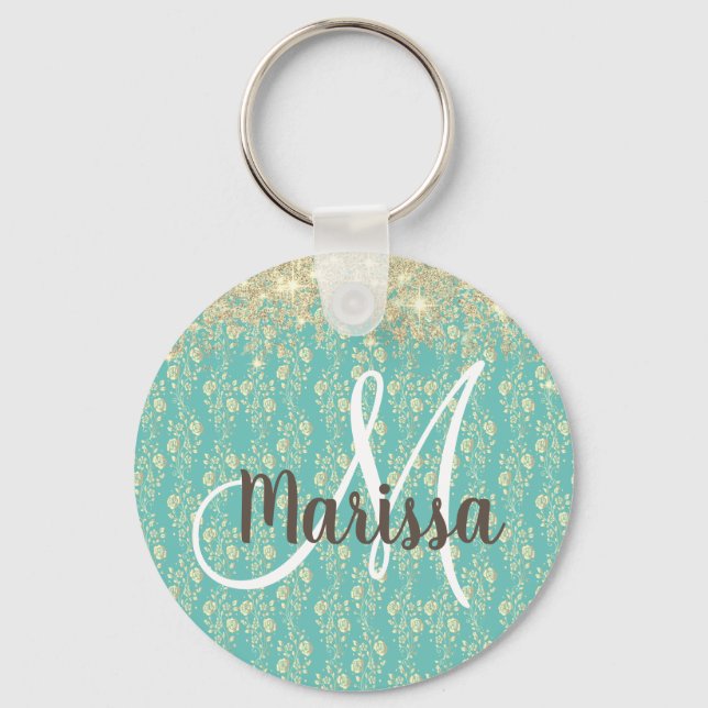 Monogram Gold Floral on Green  Key Ring (Front)