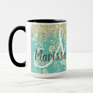 Monogram Gold Floral on Green Teal Glitter Mug