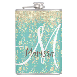 Monogram Gold Floral on Green Teal Hip Flask