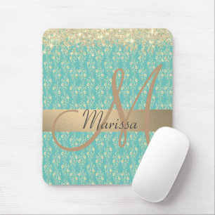 Monogram Gold Floral on Green Teal Mouse Mat