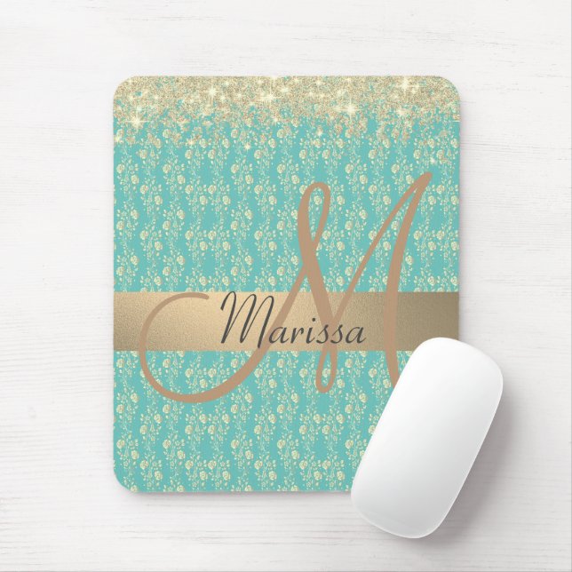 Monogram Gold Floral on Green Teal          Mouse Mat (With Mouse)