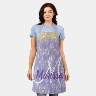 Monogram Gold Floral on Lavender         Apron
