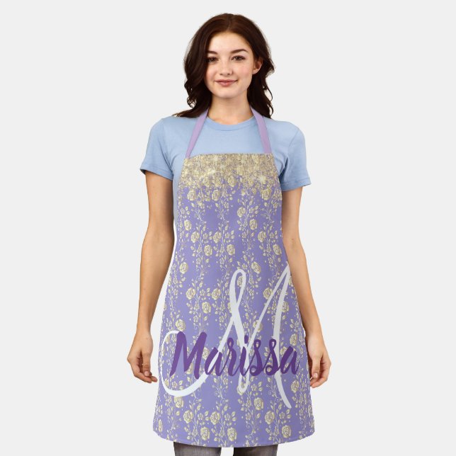 Monogram Gold Floral on Lavender         Apron (Worn)