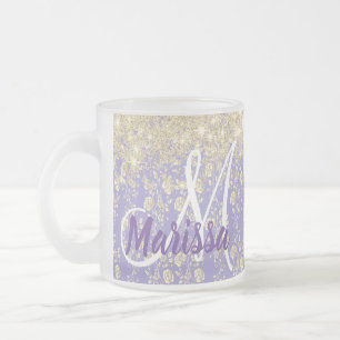 Monogram Gold Floral on Lavender Frosted Glass Coffee Mug