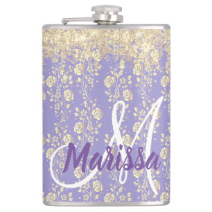 Monogram Gold Floral on Lavender Hip Flask