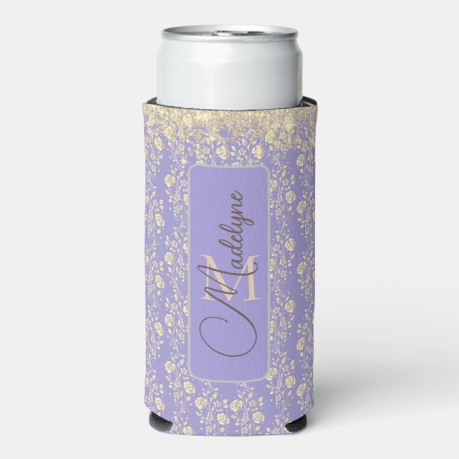 Monogram Gold Floral on Lavender         Seltzer Can Cooler (Seltzer Front)