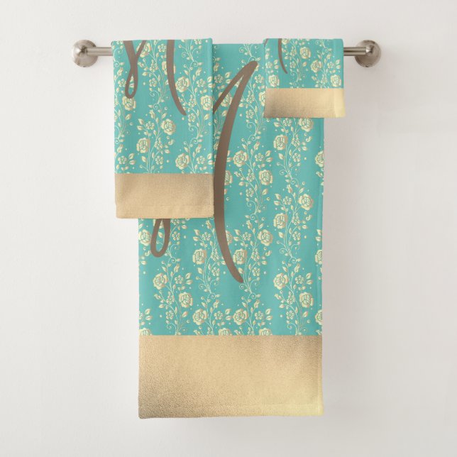 Monogram Gold Floral on Teal Green Bath Towel Set (Insitu)