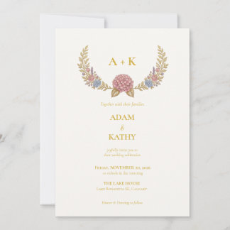 Monogram Gold Floral Wreath Wedding Invitation