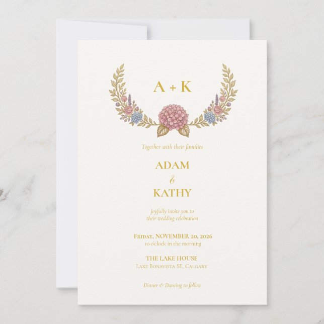 Monogram Gold Floral Wreath Wedding Invitation (Front)