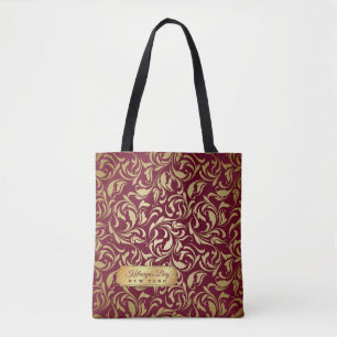Monogram Gold Flourish Burgundy Luxe Nameplate Tote Bag
