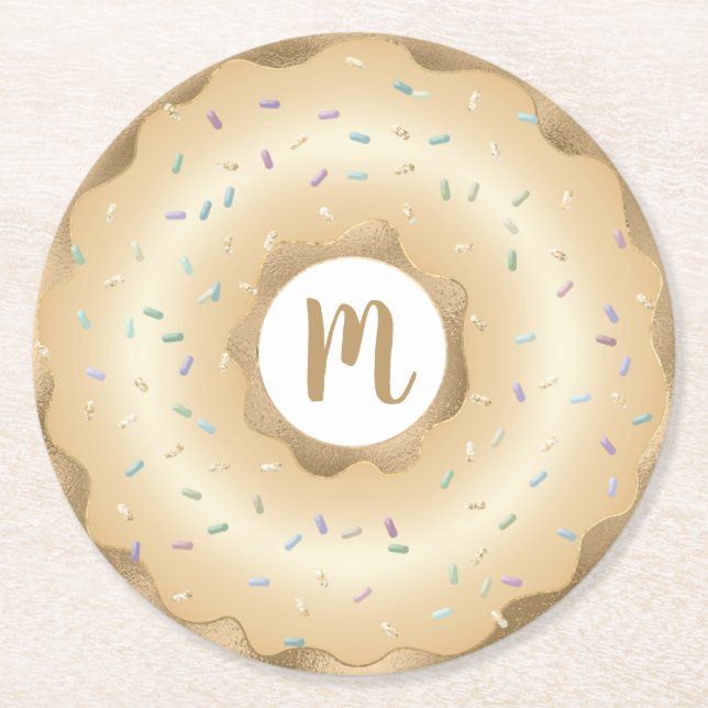 Monogram gold foil doughnut script bold luxury round paper coaster (Front)