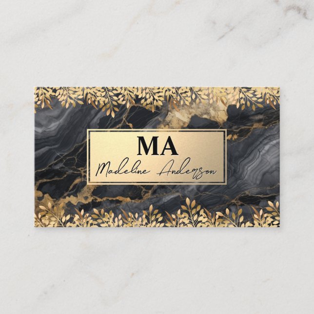 Monogram | Gold Foil Leaves | Black Marble Business Card (Front)