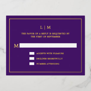 Monogram Gold Foil Purple Wedding RSVP Card