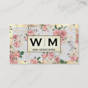 Monogram Gold Frame Marble with Floral Pattern Business Card