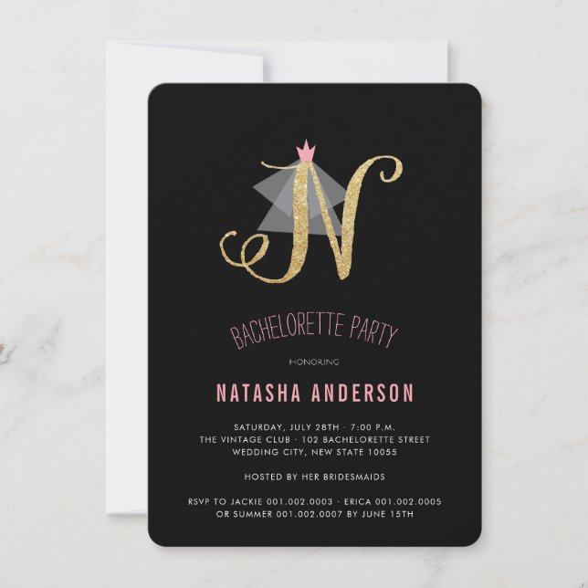 Monogram Gold Glitter Bachelorette Party Invite (Front)