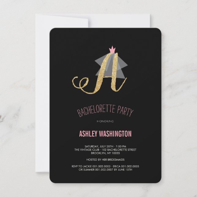 Monogram Gold Glitter Bachelorette Party Invite (Front)
