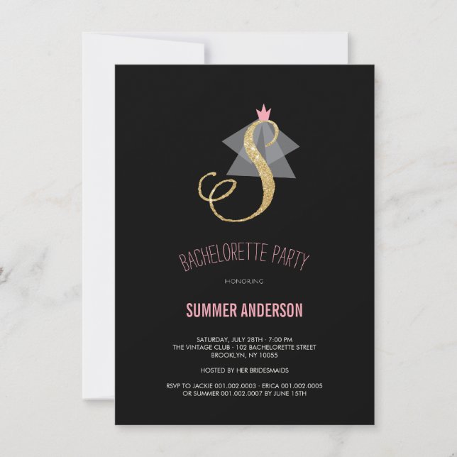 Monogram Gold Glitter Bachelorette Party Invite (Front)