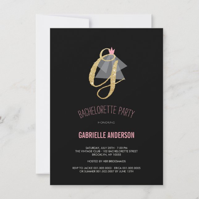 Monogram Gold Glitter Bachelorette Party Invite (Front)