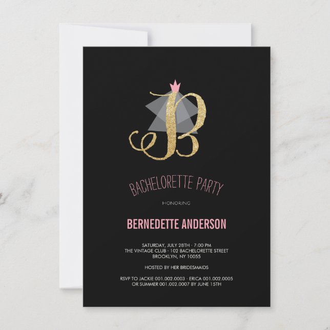 Monogram Gold Glitter Bachelorette Party Invite (Front)