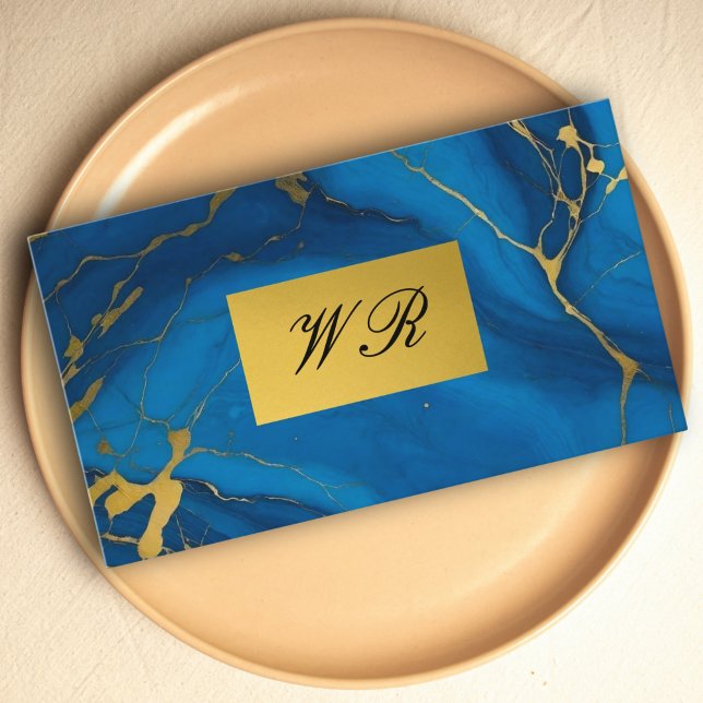 Monogram gold glitter blue marble business card (Monogram gold glitter blue marble business card)