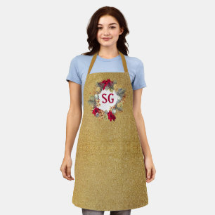 Monogram Gold Glitter Christmas Wreath  Apron
