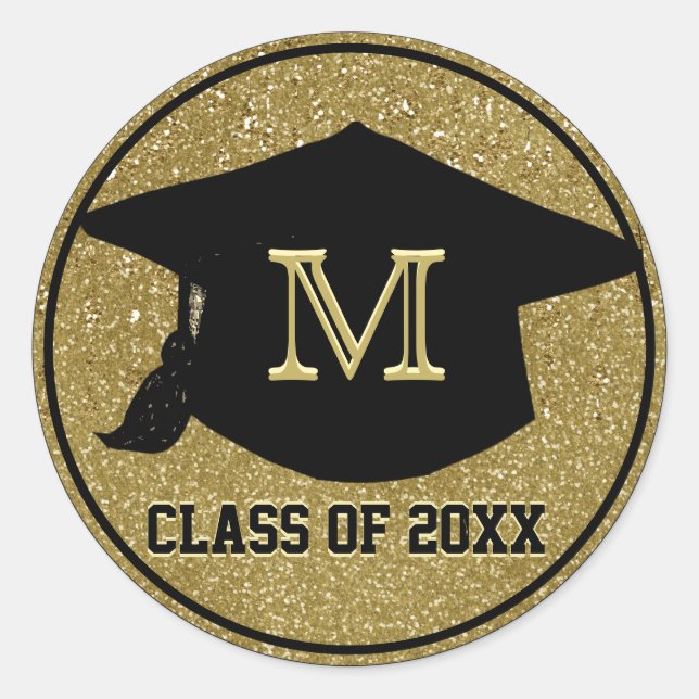 Monogram Gold Glitter Graduation Classic Round Sticker (Front)