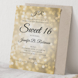 Monogram Gold Glitter Lights Sweet 16 Birthday Invitation