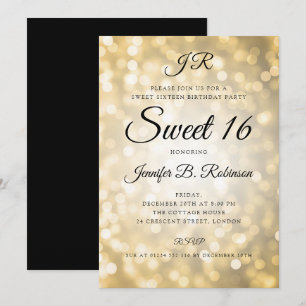 Monogram Gold Glitter Lights Sweet 16 Birthday Invitation