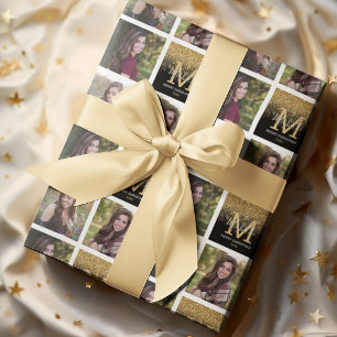 Monogram Gold Glitter Photo Christmas Wrapping Paper