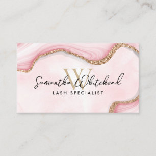 Monogram Gold Glitter Pink Marble Swirl Watercolor Business Card