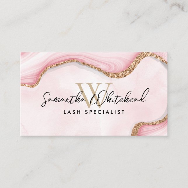 Monogram Gold Glitter Pink Marble Swirl Watercolor Business Card (Front)