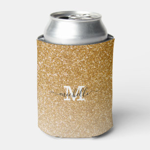 Monogram Gold Glitter Sparkle Chic Modern Script  Can Cooler