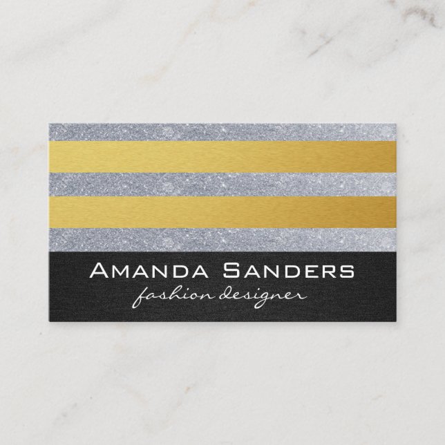 Monogram Gold Glitter Stripes Business Card (Front)