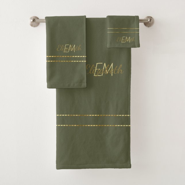 Monogram Gold Green Modern Minimalist Stylish  Bath Towel Set (Insitu)