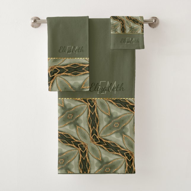 Monogram Gold Green Stylish Modern  Bath Towel Set (Insitu)