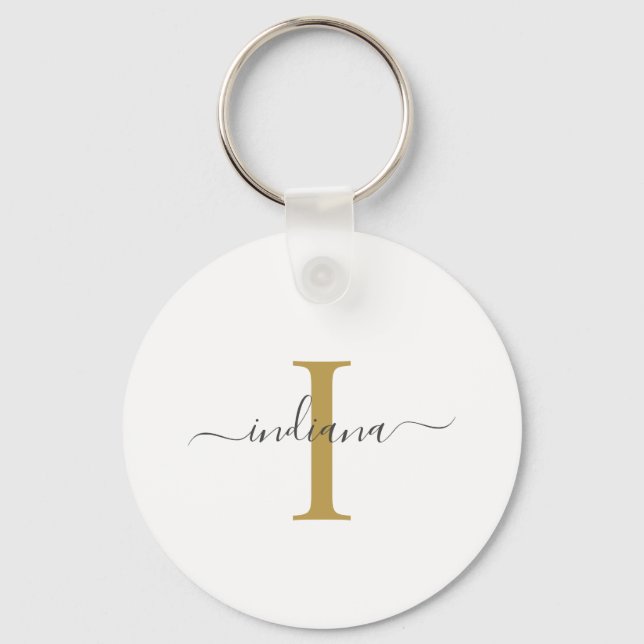 Monogram Gold Grey Script Name Modern Key Ring (Front)