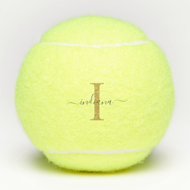 Monogram Gold Grey Script Name Modern Tennis Balls (Front)