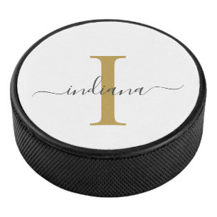 Monogram Gold Grey Script Name Modern Typography Hockey Puck