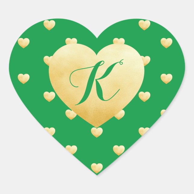 Monogram Gold Hearts Faux Foil Pattern on Green Heart Sticker (Front)