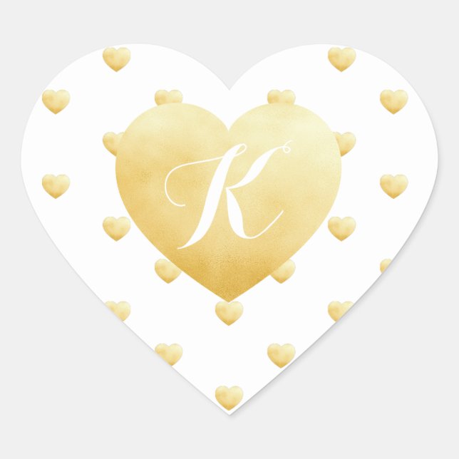 Monogram Gold Hearts Faux Foil Pattern on White Heart Sticker (Front)