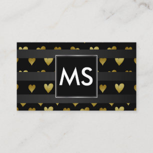 Monogram Gold Hearts Stripes Business Card