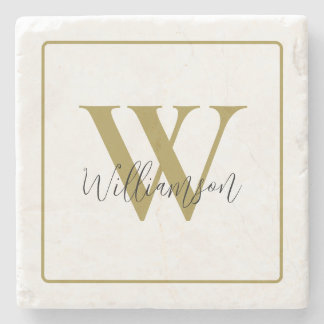 Monogram Gold Initial Script Name Minimalist Chic Stone Coaster