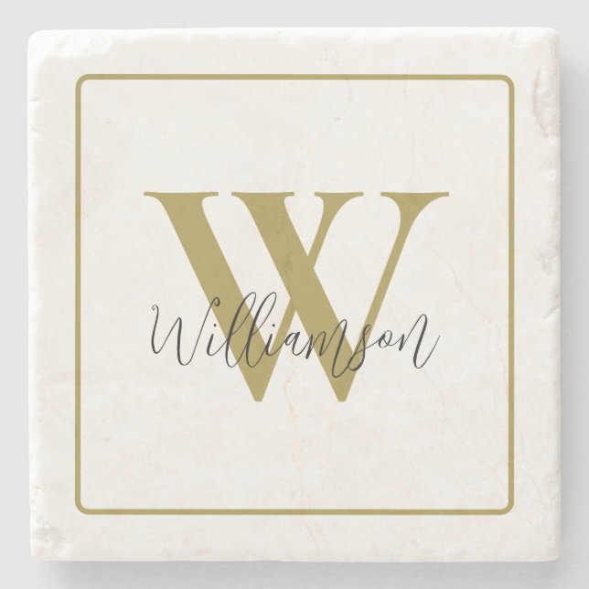  Monogram Gold Initial Script Name Minimalist Chic Stone Coaster (Front)