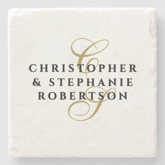 Monogram Gold Initials Black Names Minimalist Chic Stone Coaster (Front)