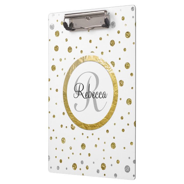 Monogram Gold Leaf Print Silver Confetti Clipboard (Left)